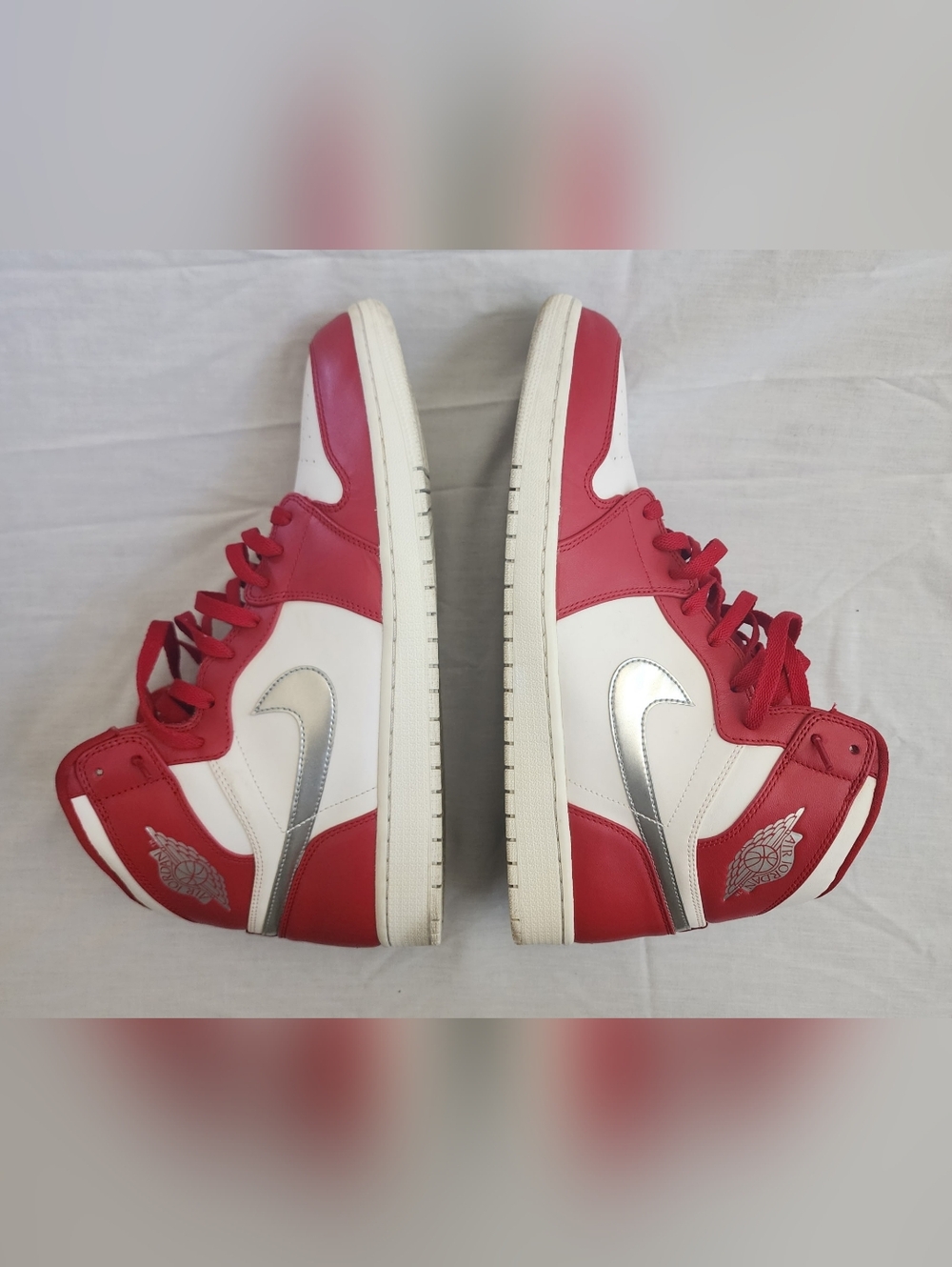 Jordan 1 Red & White High Top Sneakers with Silver Swoosh Mens Size14.